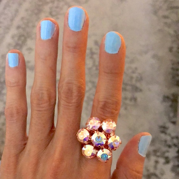 Aurora Borealis + Rose Gold Crystal Flower Statement Cocktail Ring - Picture 9 of 10